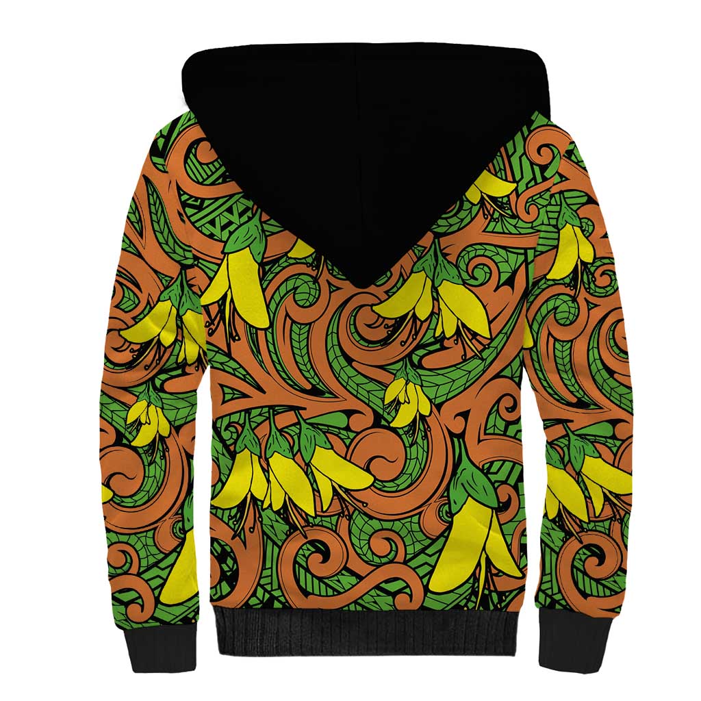 New Zealand Kowhai Flowers Sherpa Hoodie Maori Koru Pattern