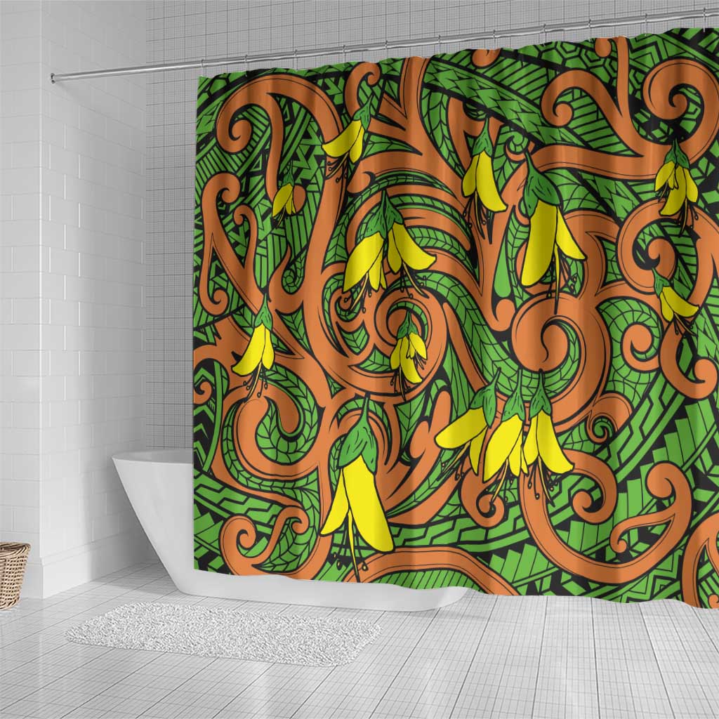 New Zealand Kowhai Flowers Shower Curtain Maori Koru Pattern LT03 - Polynesian Pride