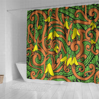 New Zealand Kowhai Flowers Shower Curtain Maori Koru Pattern LT03 - Polynesian Pride