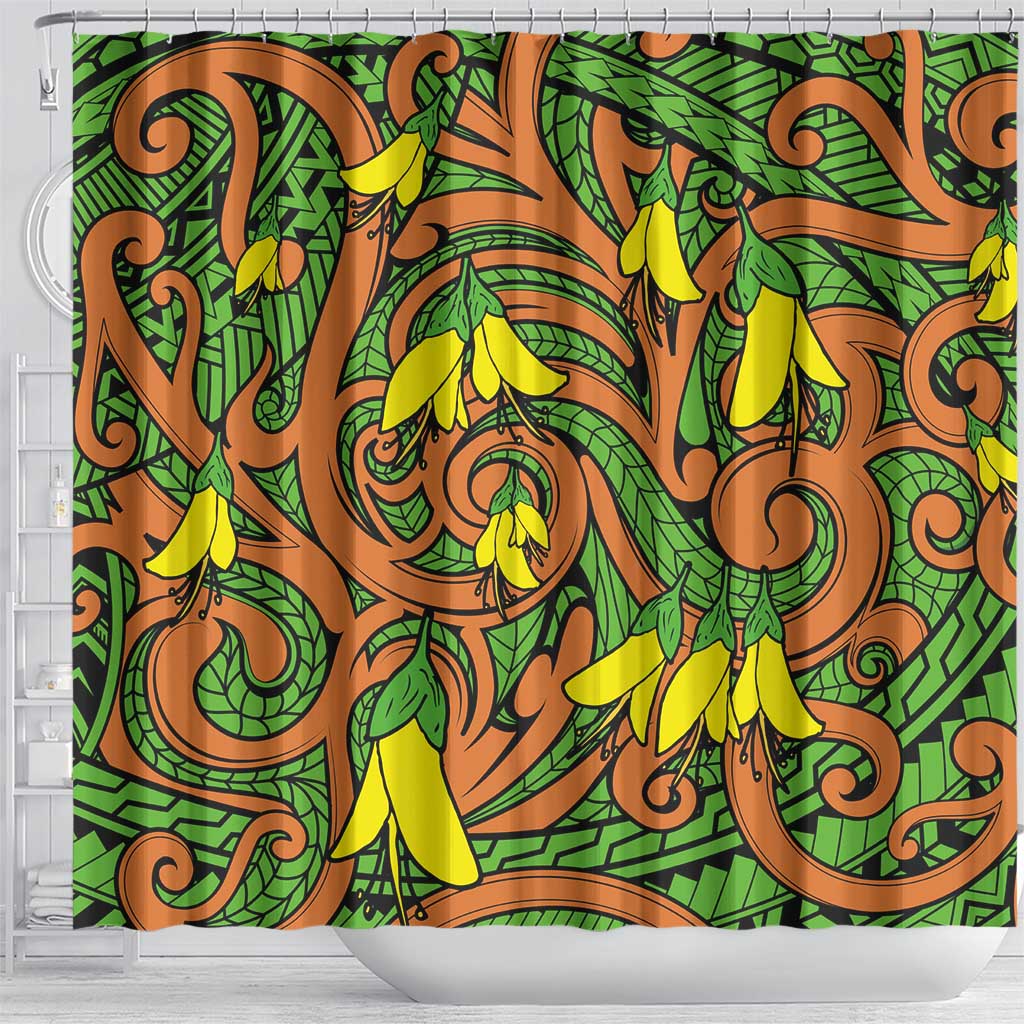 New Zealand Kowhai Flowers Shower Curtain Maori Koru Pattern LT03 - Polynesian Pride