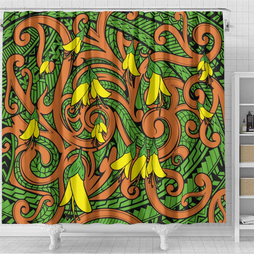 New Zealand Kowhai Flowers Shower Curtain Maori Koru Pattern LT03 - Polynesian Pride