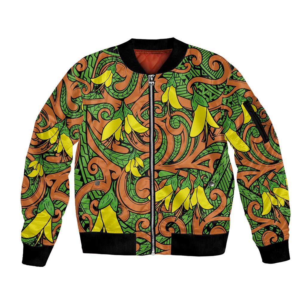 New Zealand Kowhai Flowers Sleeve Zip Bomber Jacket Maori Koru Pattern