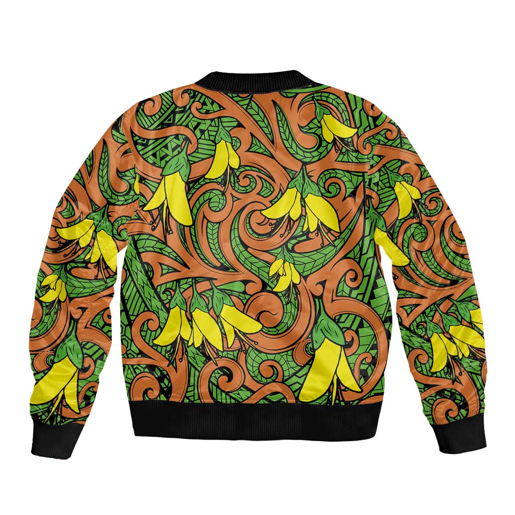 New Zealand Kowhai Flowers Sleeve Zip Bomber Jacket Maori Koru Pattern