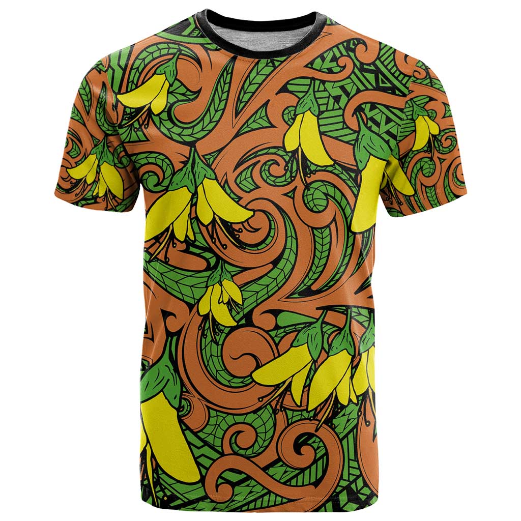 New Zealand Kowhai Flowers T Shirt Maori Koru Pattern LT03 Orange - Polynesian Pride