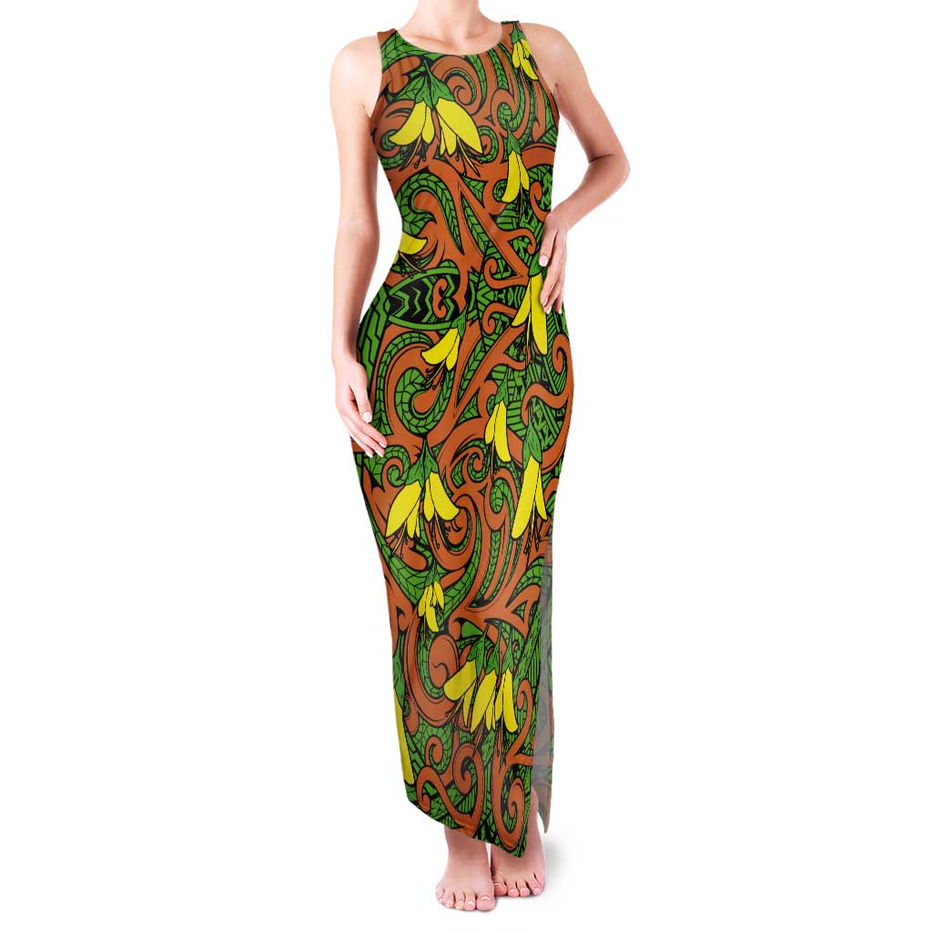 New Zealand Kowhai Flowers Tank Maxi Dress Maori Koru Pattern LT03 Women Orange - Polynesian Pride