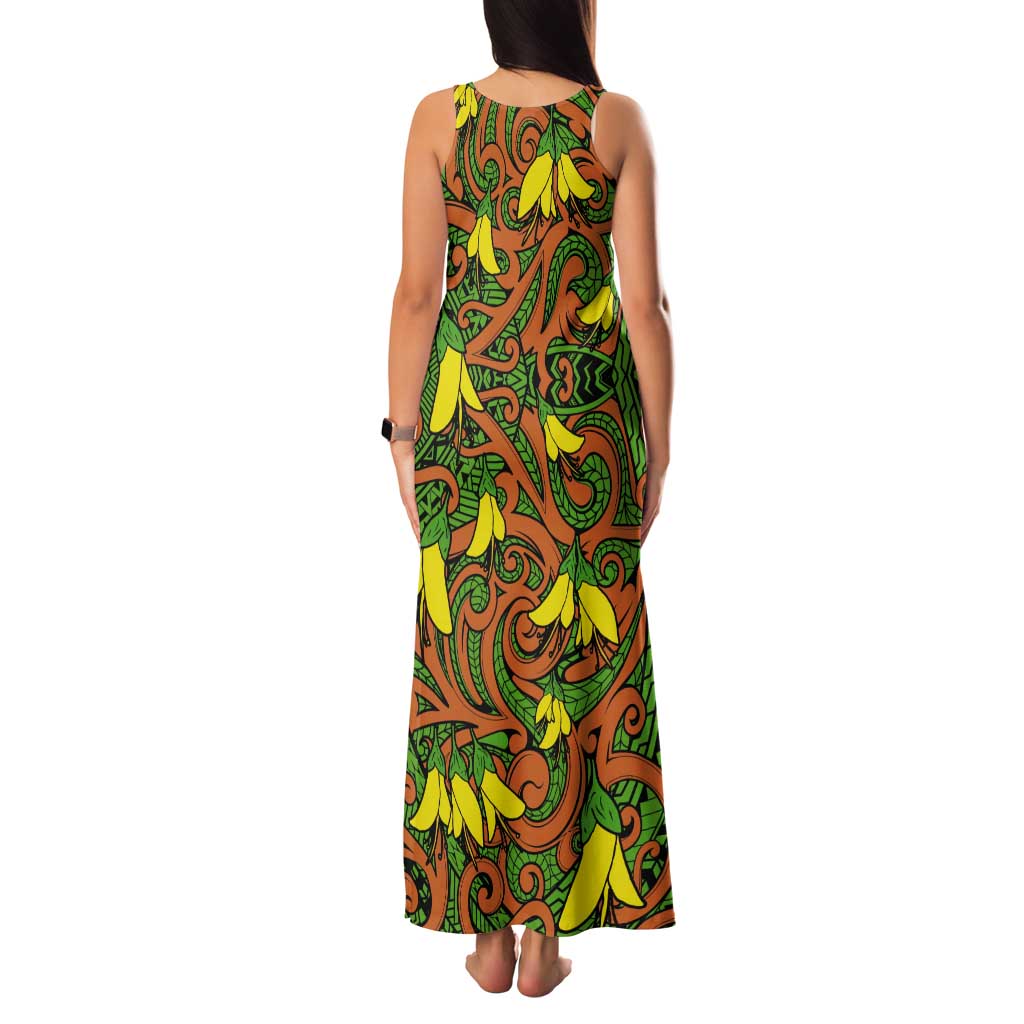 New Zealand Kowhai Flowers Tank Maxi Dress Maori Koru Pattern LT03 - Polynesian Pride