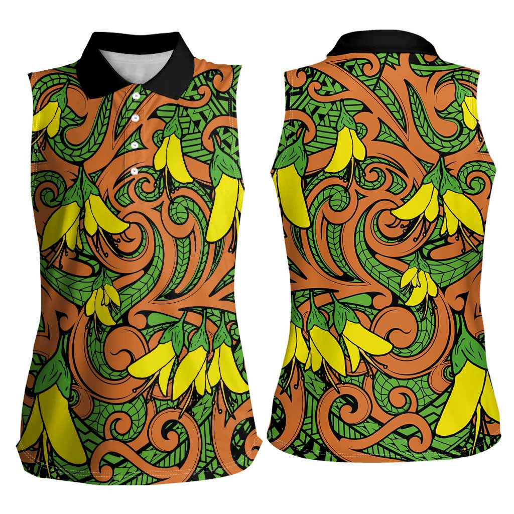 New Zealand Kowhai Flowers Women Sleeveless Polo Shirt Maori Koru Pattern