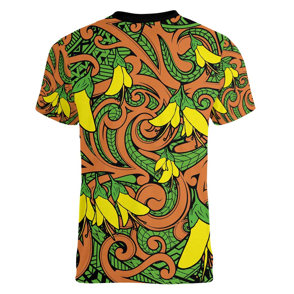 New Zealand Kowhai Flowers Women V-Neck T-Shirt Maori Koru Pattern
