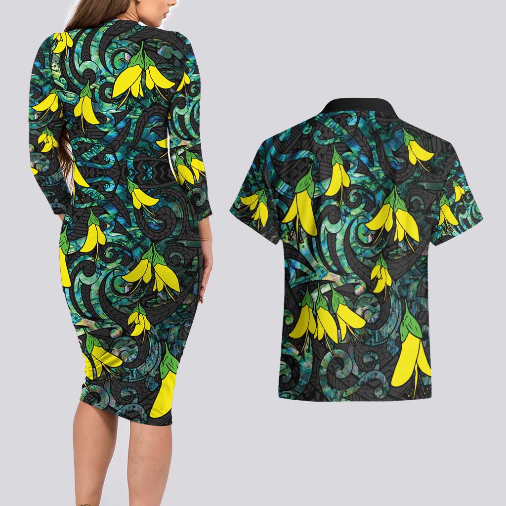 New Zealand Kowhai Flowers Couples Matching Long Sleeve Bodycon Dress and Hawaiian Shirt Maori Koru Pattern With Paua Shell Style