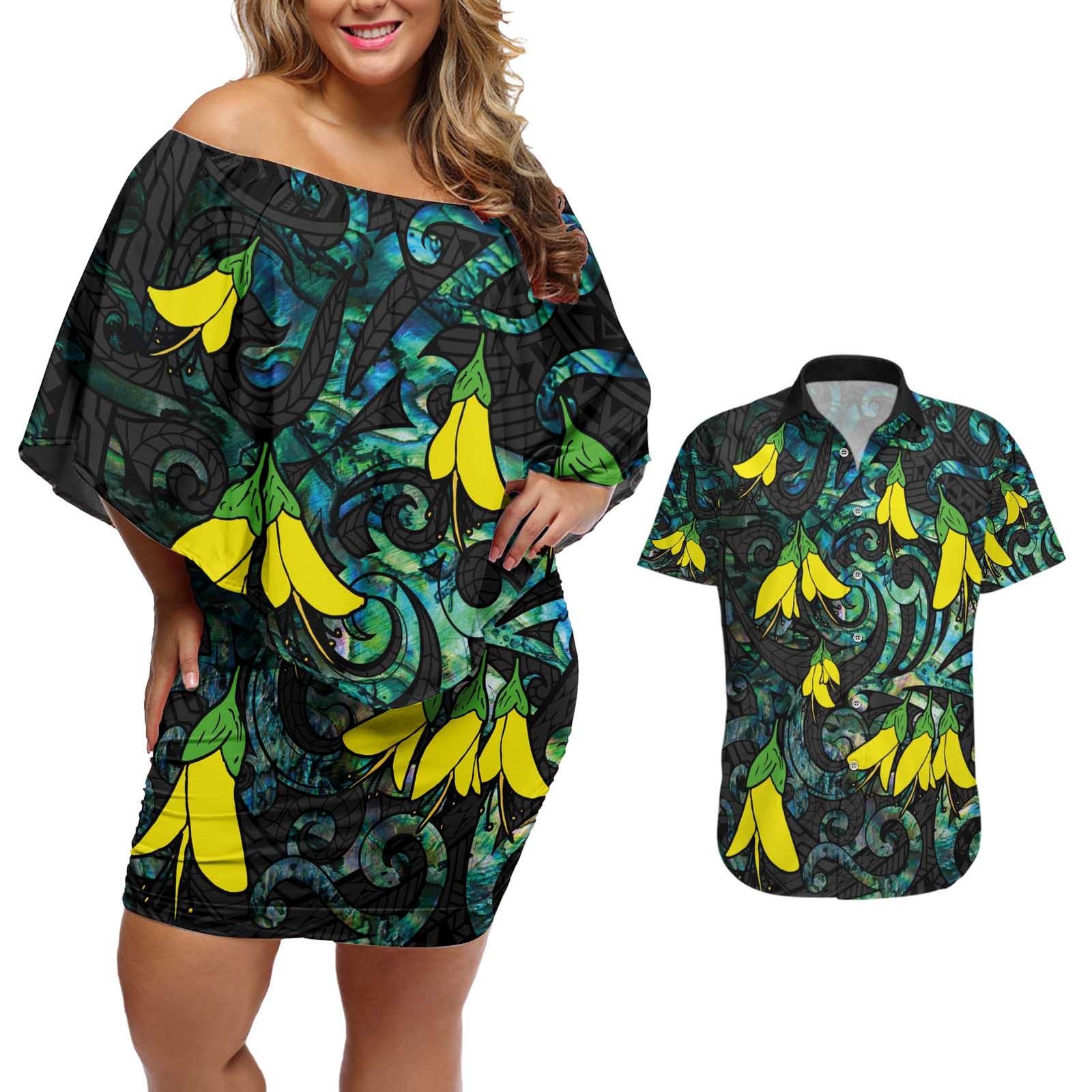 New Zealand Kowhai Flowers Couples Matching Off Shoulder Short Dress and Hawaiian Shirt Maori Koru Pattern With Paua Shell Style