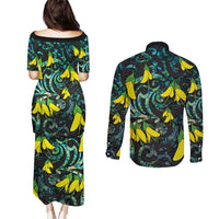New Zealand Kowhai Flowers Couples Matching Puletasi and Long Sleeve Button Shirt Maori Koru Pattern With Paua Shell Style
