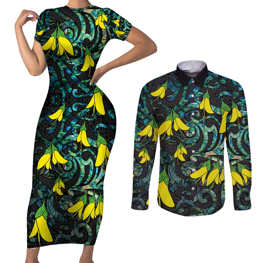 New Zealand Kowhai Flowers Couples Matching Short Sleeve Bodycon Dress and Long Sleeve Button Shirt Maori Koru Pattern With Paua Shell Style