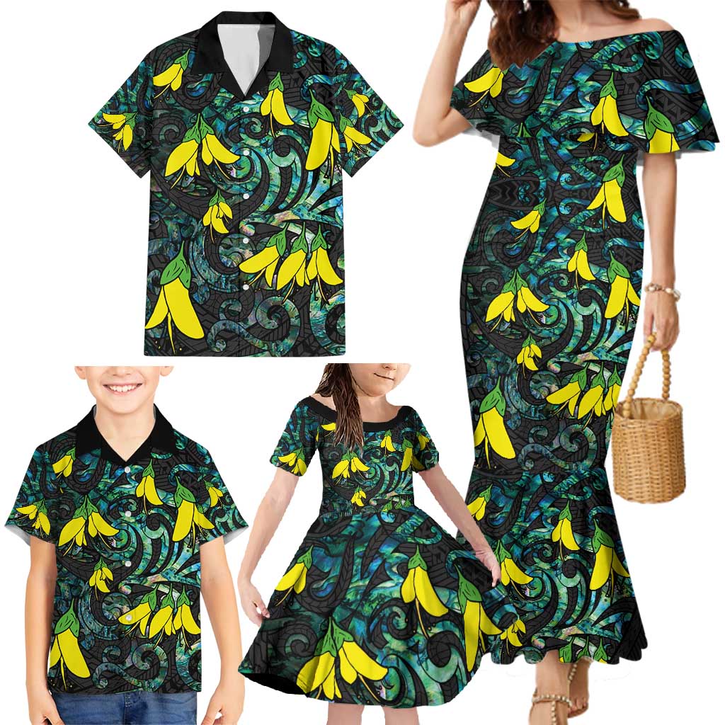 New Zealand Kowhai Flowers Family Matching Mermaid Dress and Hawaiian Shirt Maori Koru Pattern With Paua Shell Style