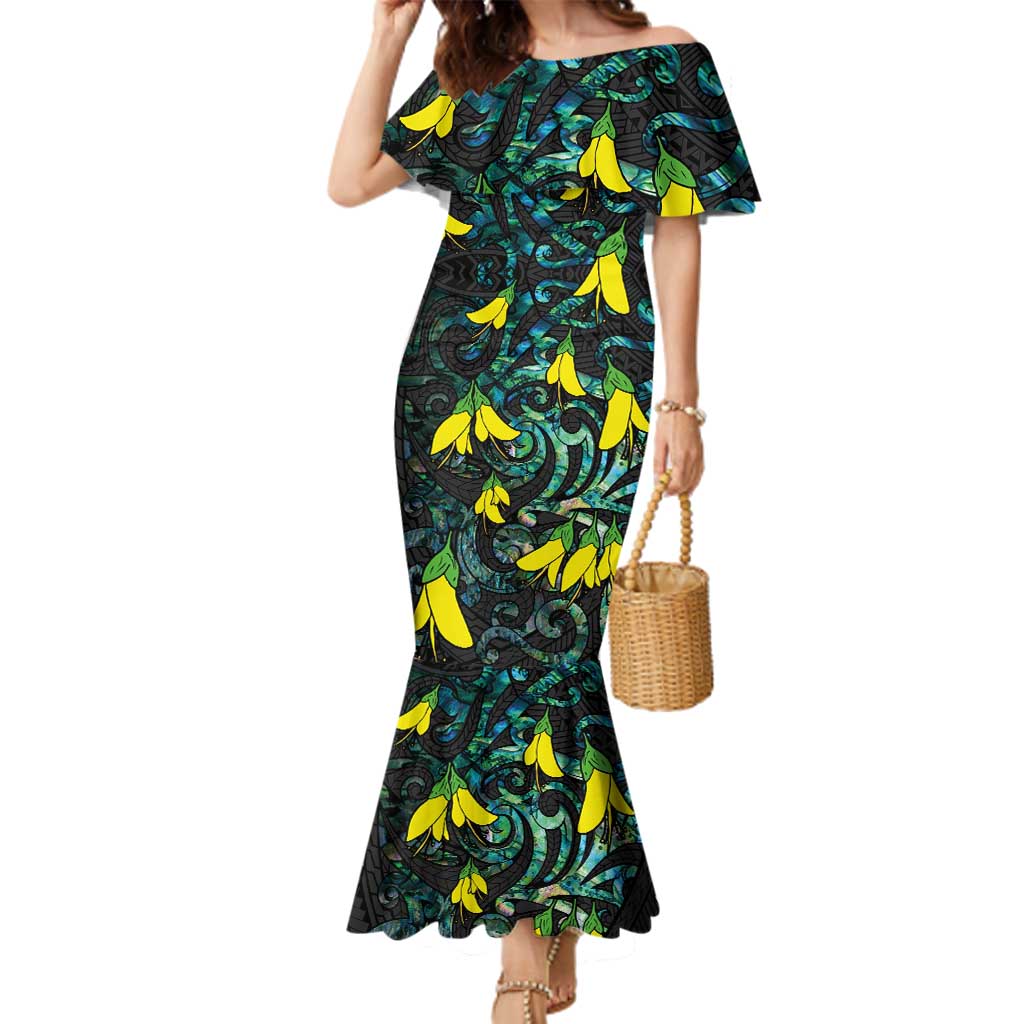 New Zealand Kowhai Flowers Family Matching Mermaid Dress and Hawaiian Shirt Maori Koru Pattern With Paua Shell Style