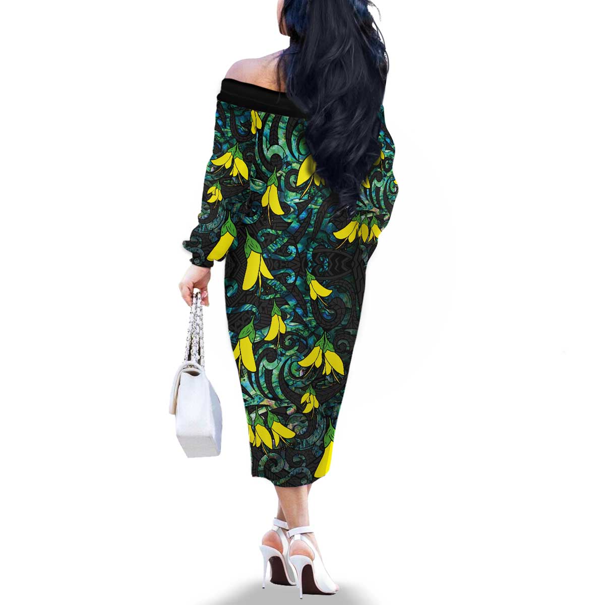 New Zealand Kowhai Flowers Family Matching Off The Shoulder Long Sleeve Dress and Hawaiian Shirt Maori Koru Pattern With Paua Shell Style