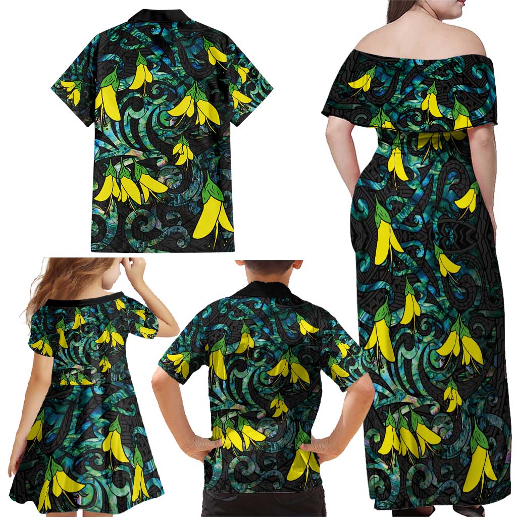 New Zealand Kowhai Flowers Family Matching Off Shoulder Maxi Dress and Hawaiian Shirt Maori Koru Pattern With Paua Shell Style