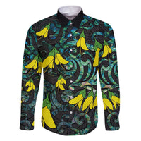 New Zealand Kowhai Flowers Family Matching Off Shoulder Short Dress and Hawaiian Shirt Maori Koru Pattern With Paua Shell Style