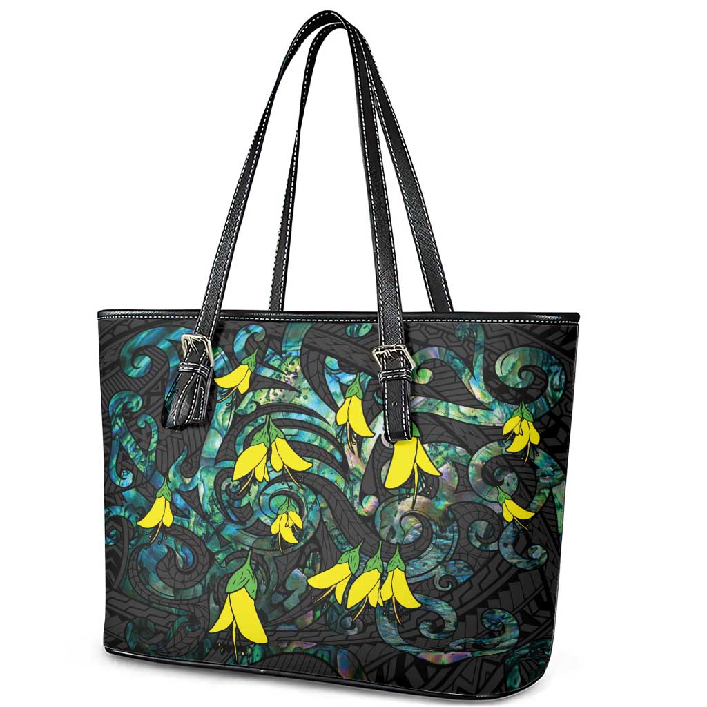 New Zealand Kowhai Flowers Leather Tote Bag Maori Koru Pattern With Paua Shell Style