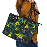 New Zealand Kowhai Flowers Leather Tote Bag Maori Koru Pattern With Paua Shell Style