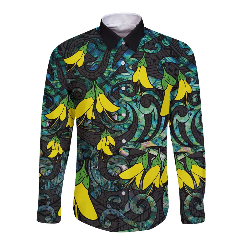 New Zealand Kowhai Flowers Long Sleeve Button Shirt Maori Koru Pattern With Paua Shell Style LT03 Unisex Black - Polynesian Pride