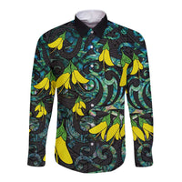 New Zealand Kowhai Flowers Long Sleeve Button Shirt Maori Koru Pattern With Paua Shell Style LT03 Unisex Black - Polynesian Pride