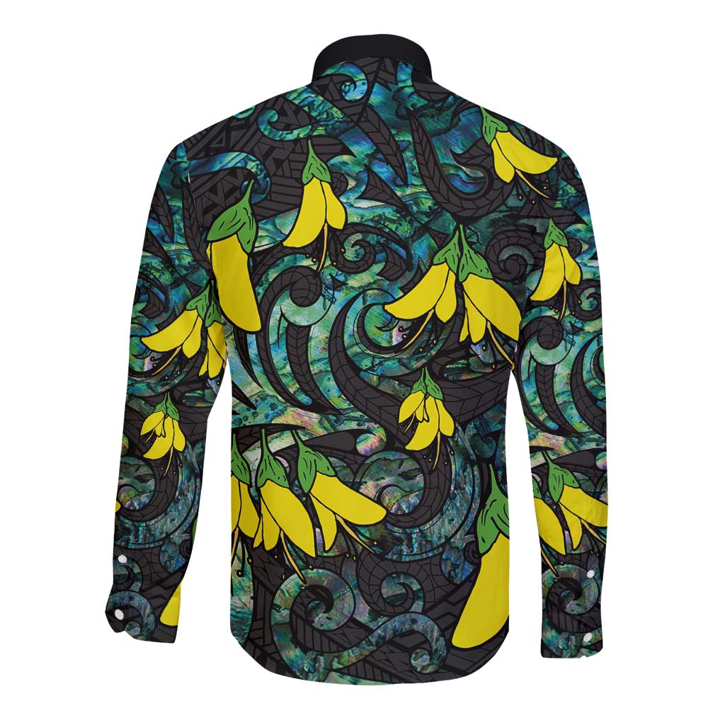 New Zealand Kowhai Flowers Long Sleeve Button Shirt Maori Koru Pattern With Paua Shell Style LT03 - Polynesian Pride