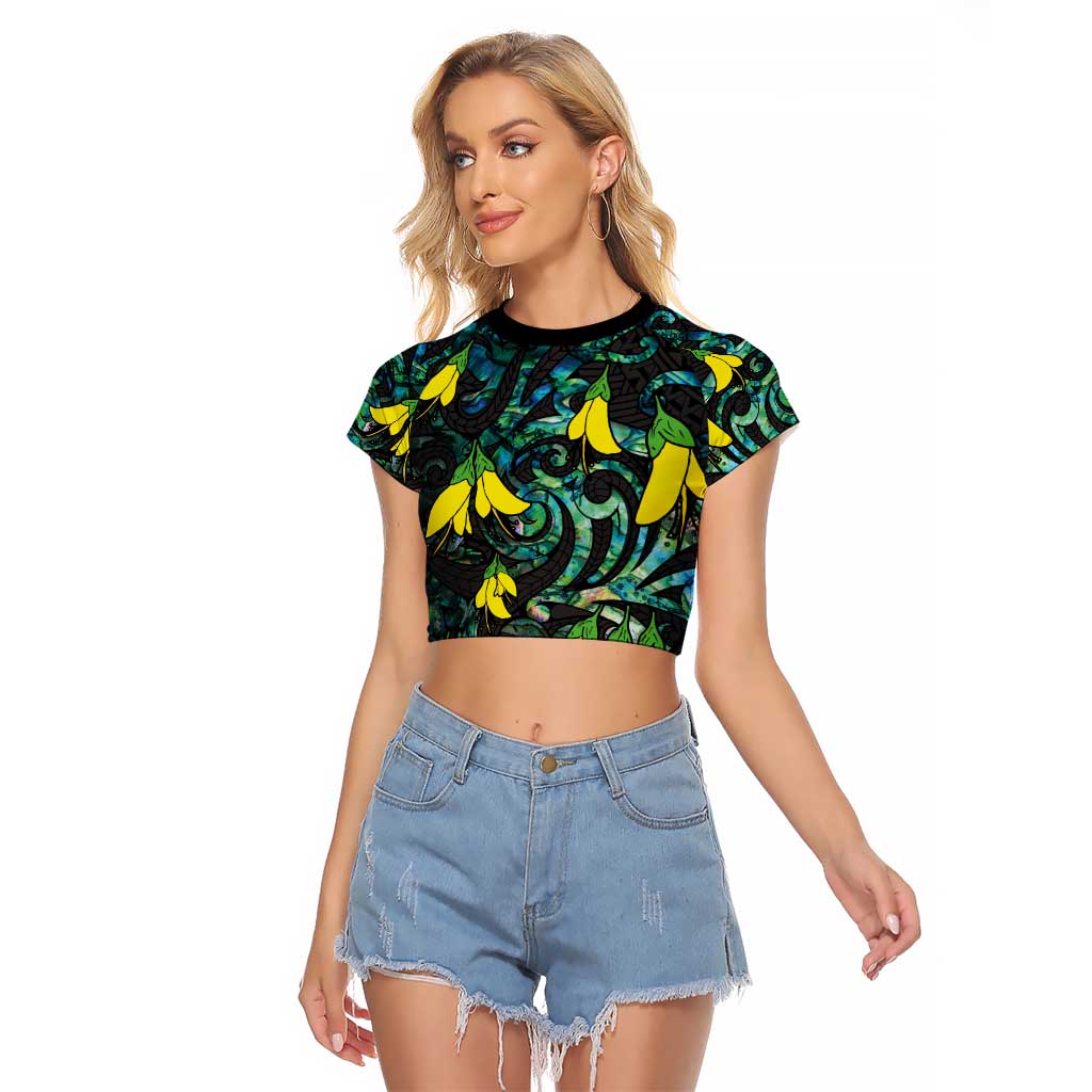New Zealand Kowhai Flowers Raglan Cropped T Shirt Maori Koru Pattern With Paua Shell Style