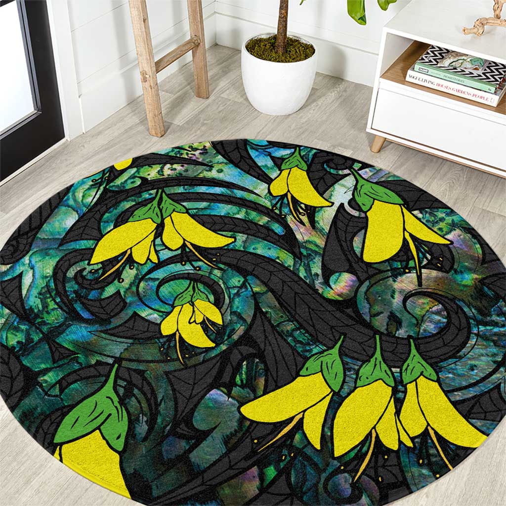 New Zealand Kowhai Flowers Round Carpet Maori Koru Pattern With Paua Shell Style LT03 Black - Polynesian Pride