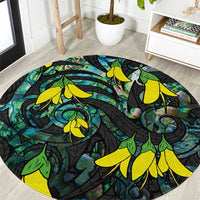 New Zealand Kowhai Flowers Round Carpet Maori Koru Pattern With Paua Shell Style LT03 Black - Polynesian Pride