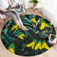 New Zealand Kowhai Flowers Round Carpet Maori Koru Pattern With Paua Shell Style LT03 - Polynesian Pride