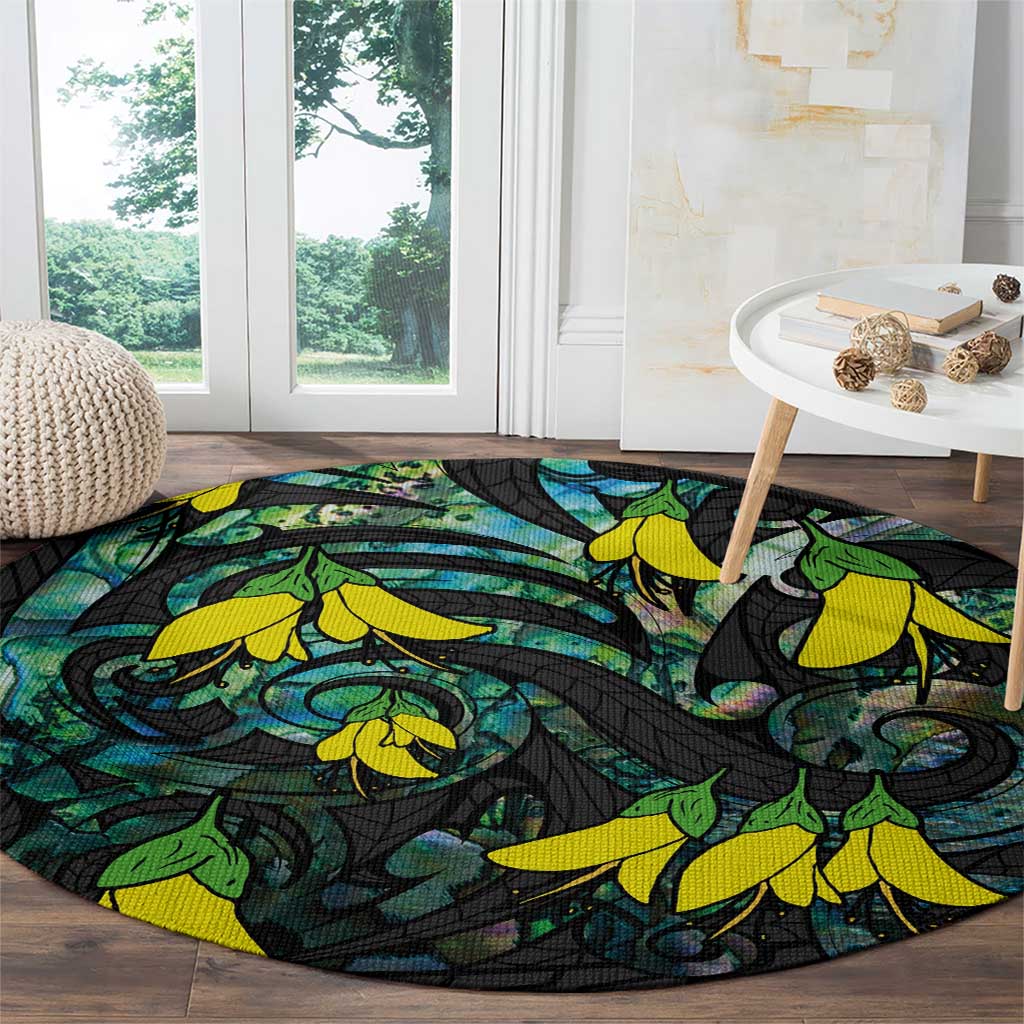 New Zealand Kowhai Flowers Round Carpet Maori Koru Pattern With Paua Shell Style LT03 - Polynesian Pride