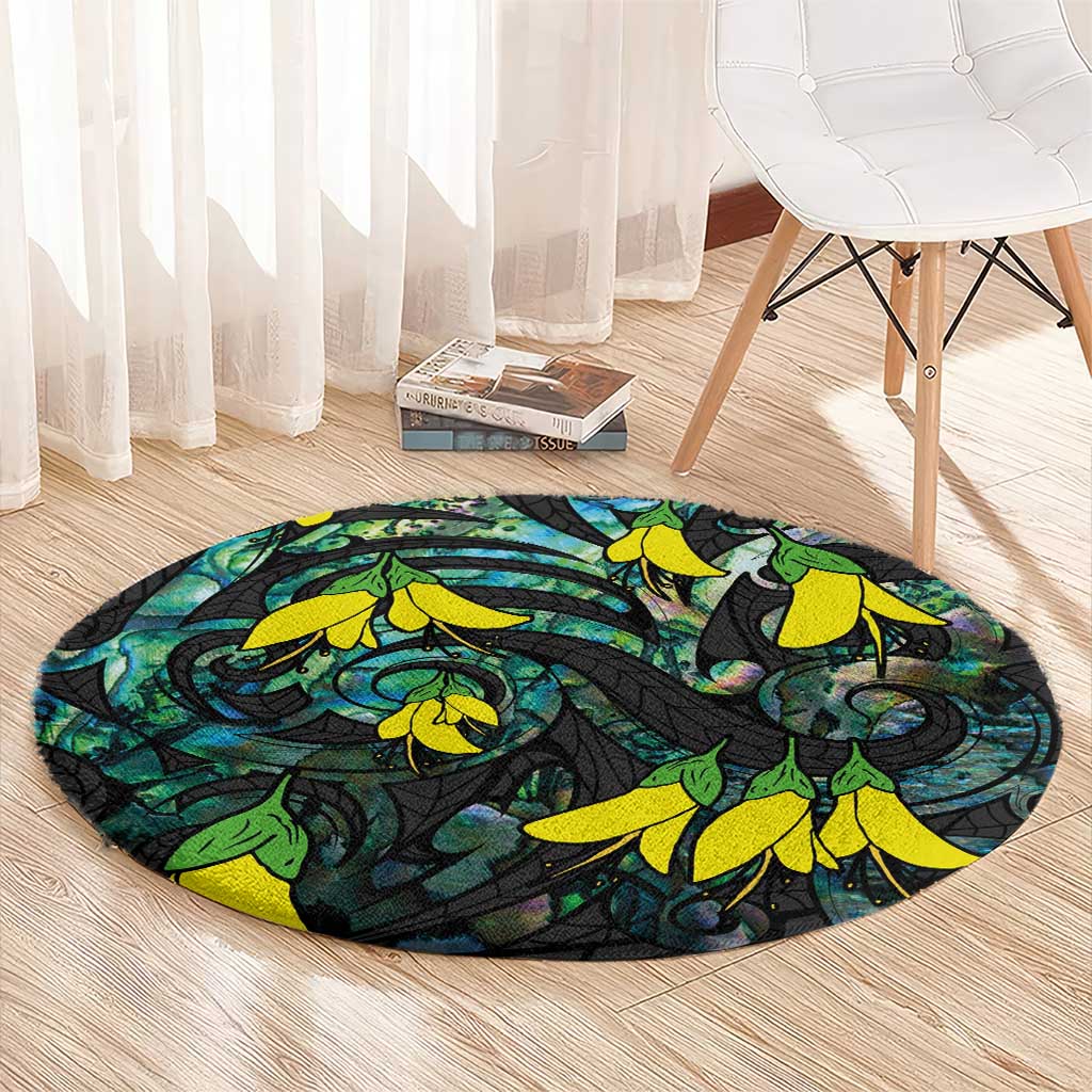 New Zealand Kowhai Flowers Round Carpet Maori Koru Pattern With Paua Shell Style LT03 - Polynesian Pride