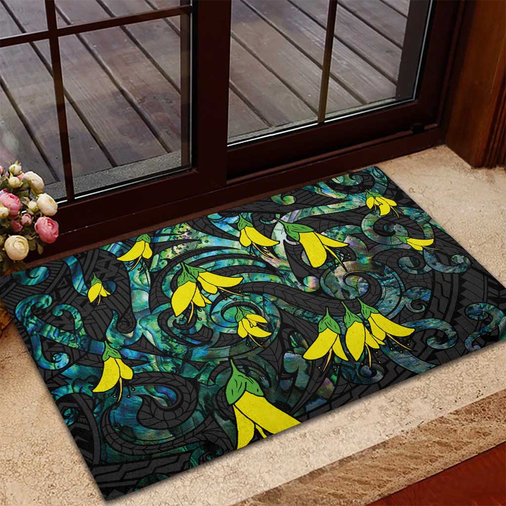 New Zealand Kowhai Flowers Rubber Doormat Maori Koru Pattern With Paua Shell Style