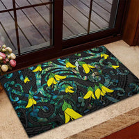 New Zealand Kowhai Flowers Rubber Doormat Maori Koru Pattern With Paua Shell Style