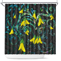 New Zealand Kowhai Flowers Shower Curtain Maori Koru Pattern With Paua Shell Style LT03 Black - Polynesian Pride