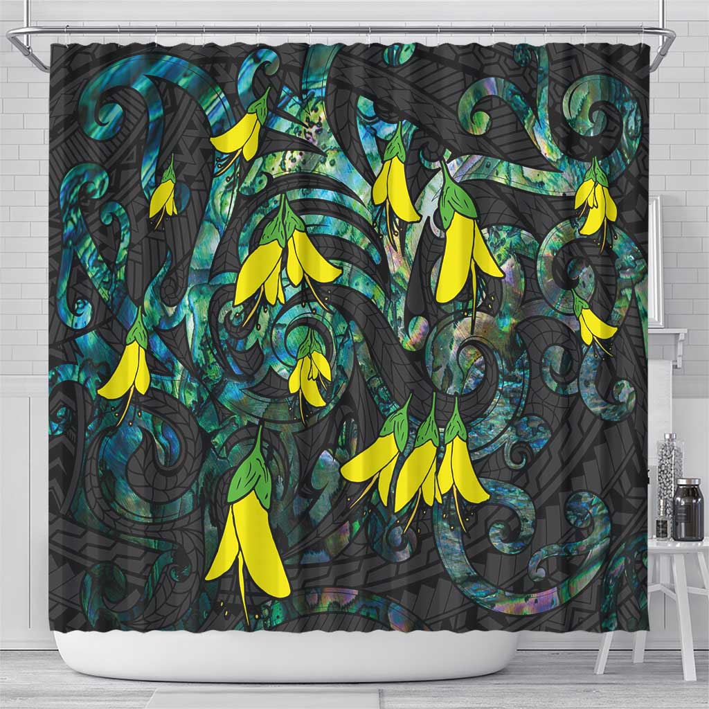 New Zealand Kowhai Flowers Shower Curtain Maori Koru Pattern With Paua Shell Style LT03 - Polynesian Pride