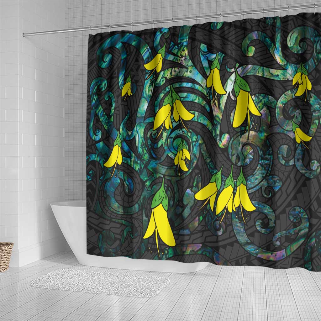 New Zealand Kowhai Flowers Shower Curtain Maori Koru Pattern With Paua Shell Style LT03 - Polynesian Pride