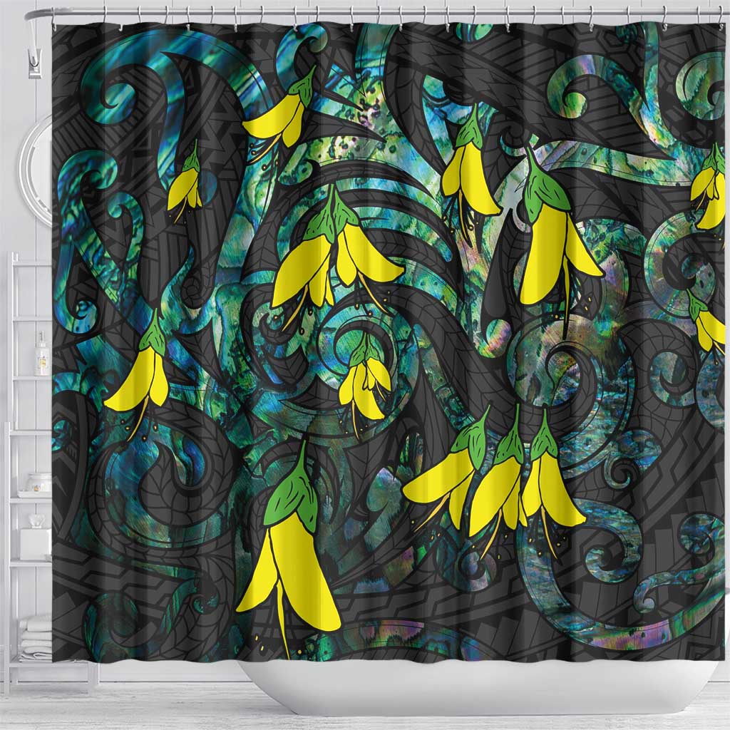 New Zealand Kowhai Flowers Shower Curtain Maori Koru Pattern With Paua Shell Style LT03 - Polynesian Pride