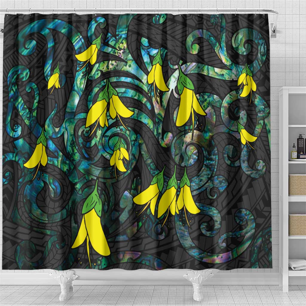 New Zealand Kowhai Flowers Shower Curtain Maori Koru Pattern With Paua Shell Style LT03 - Polynesian Pride