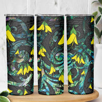 New Zealand Kowhai Flowers Skinny Tumbler Maori Koru Pattern With Paua Shell Style
