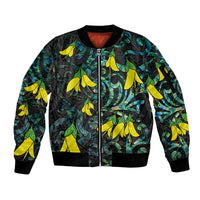 New Zealand Kowhai Flowers Sleeve Zip Bomber Jacket Maori Koru Pattern With Paua Shell Style