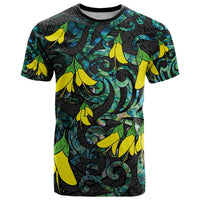 New Zealand Kowhai Flowers T Shirt Maori Koru Pattern With Paua Shell Style LT03 Black - Polynesian Pride