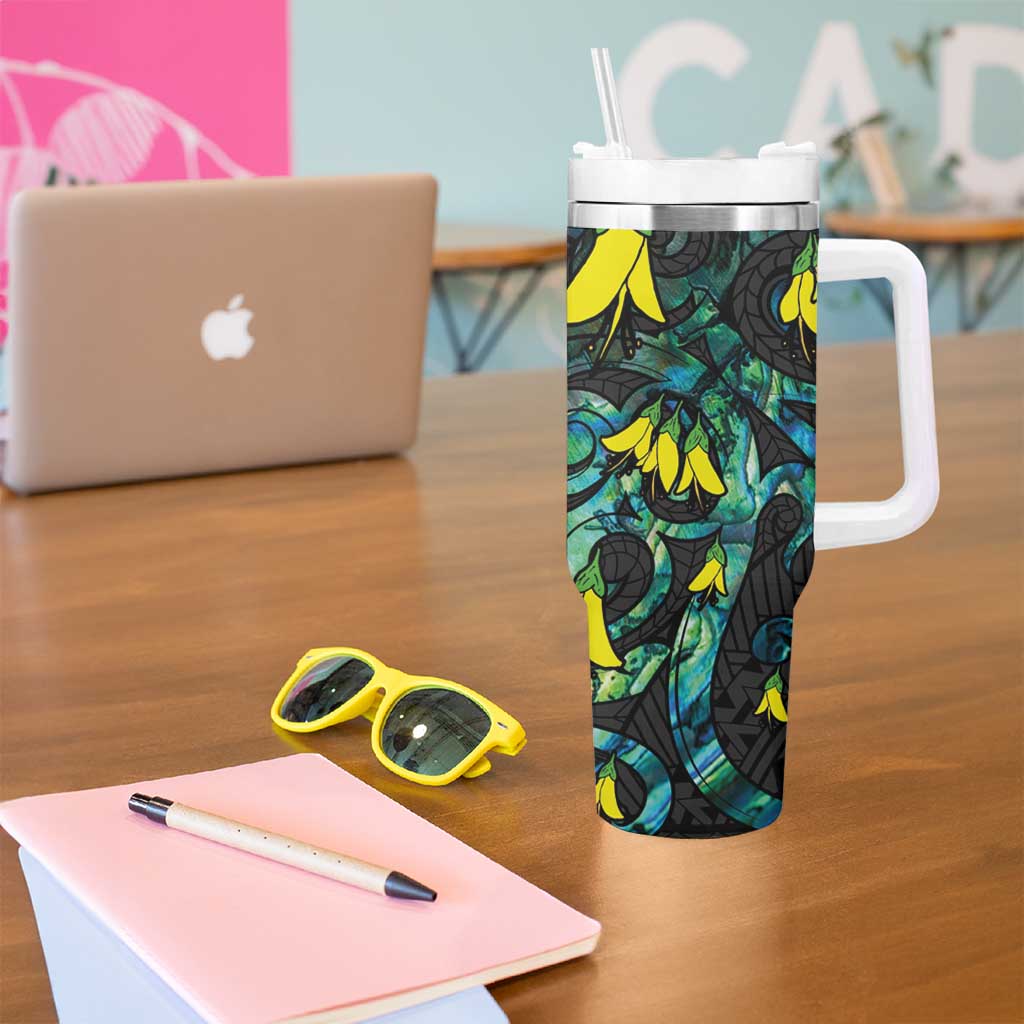 New Zealand Kowhai Flowers Tumbler With Handle Maori Koru Pattern With Paua Shell Style