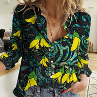 New Zealand Kowhai Flowers Women Casual Shirt Maori Koru Pattern With Paua Shell Style LT03 Female Black - Polynesian Pride