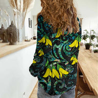 New Zealand Kowhai Flowers Women Casual Shirt Maori Koru Pattern With Paua Shell Style LT03 - Polynesian Pride