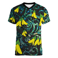 New Zealand Kowhai Flowers Women V-Neck T-Shirt Maori Koru Pattern With Paua Shell Style LT03 Female Black - Polynesian Pride