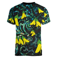 New Zealand Kowhai Flowers Women V-Neck T-Shirt Maori Koru Pattern With Paua Shell Style LT03 - Polynesian Pride