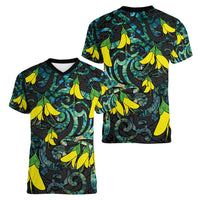 New Zealand Kowhai Flowers Women V-Neck T-Shirt Maori Koru Pattern With Paua Shell Style LT03 - Polynesian Pride