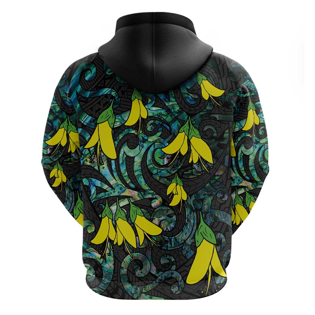 New Zealand Kowhai Flowers Zip Hoodie Maori Koru Pattern With Paua Shell Style