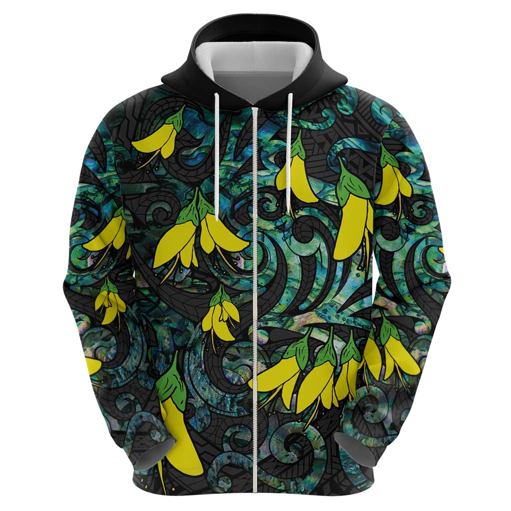 New Zealand Kowhai Flowers Zip Hoodie Maori Koru Pattern With Paua Shell Style